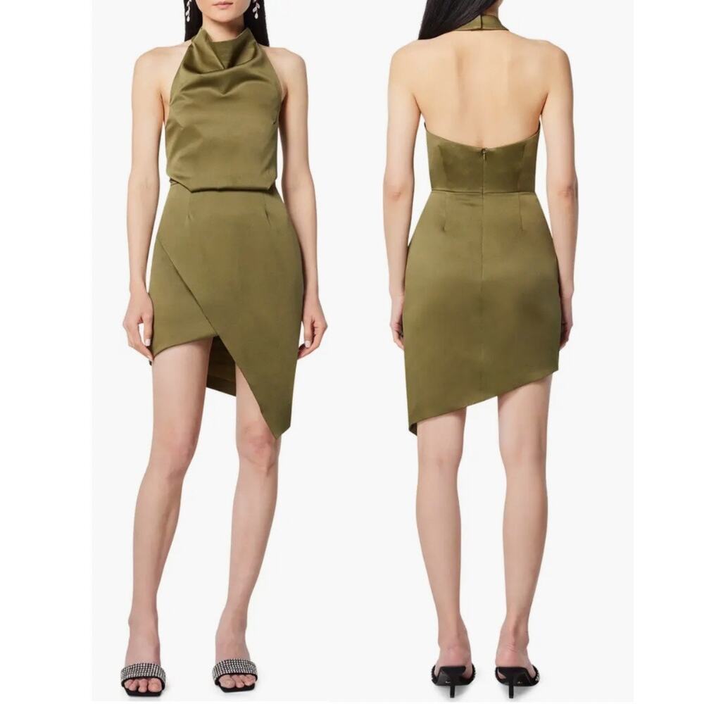 Elliott Camo Green Asymmetric Satin Cowl Neck Halter Mini Dress Womens Large